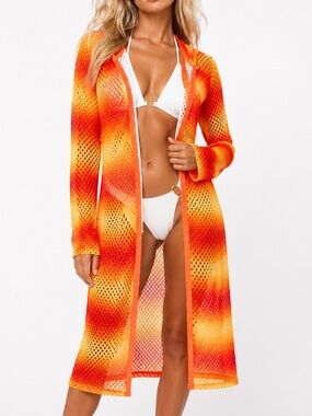 AKIRA Orange & Yellow Open Mesh Swim Coverup Long Maxi Dress w Hood Hooded Robe